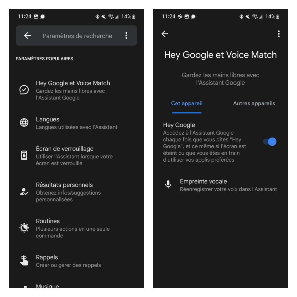 activer OK Google et voice match sur Android