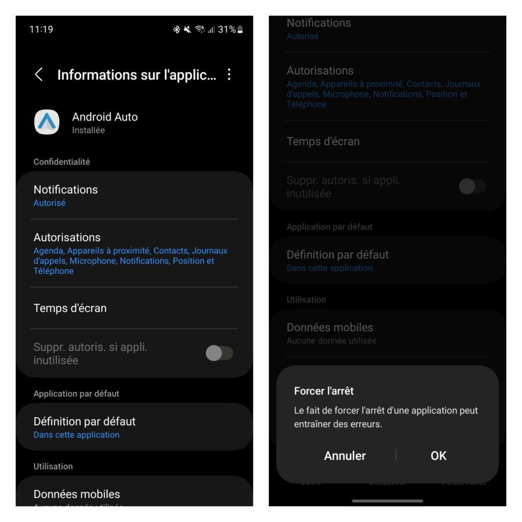 forcer l'arrêt d'android auto