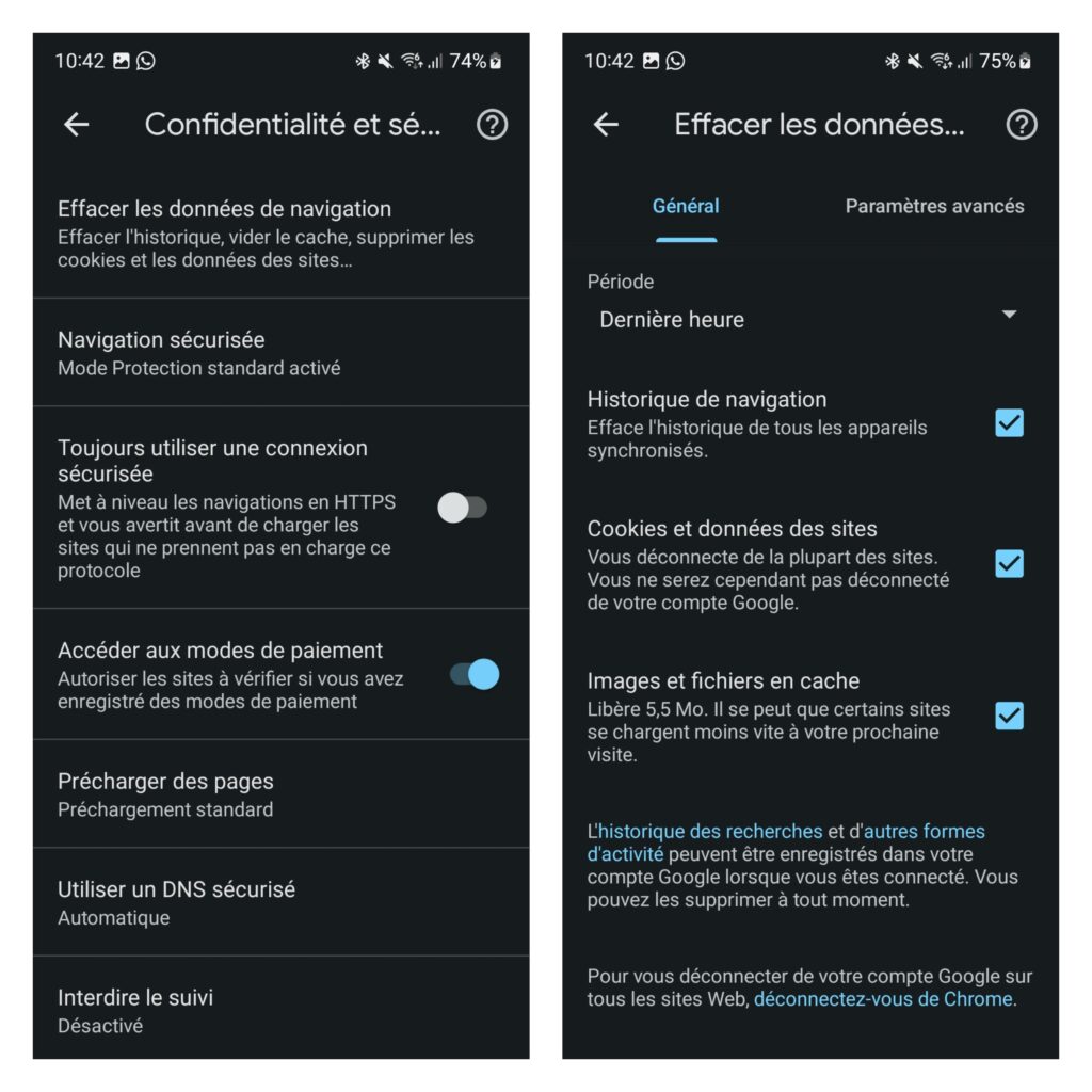 effacer cookies sur android