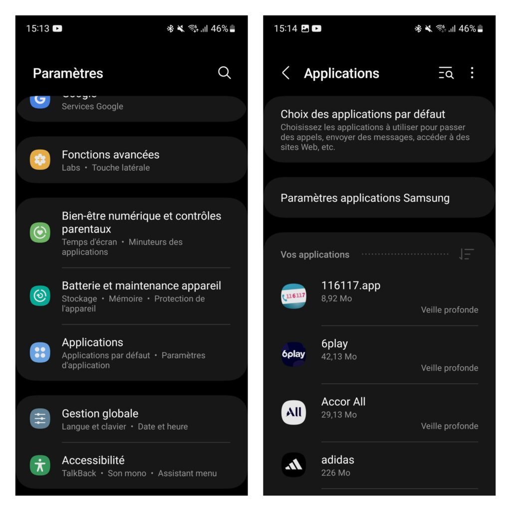 capture écran paramètres des applications sur android
