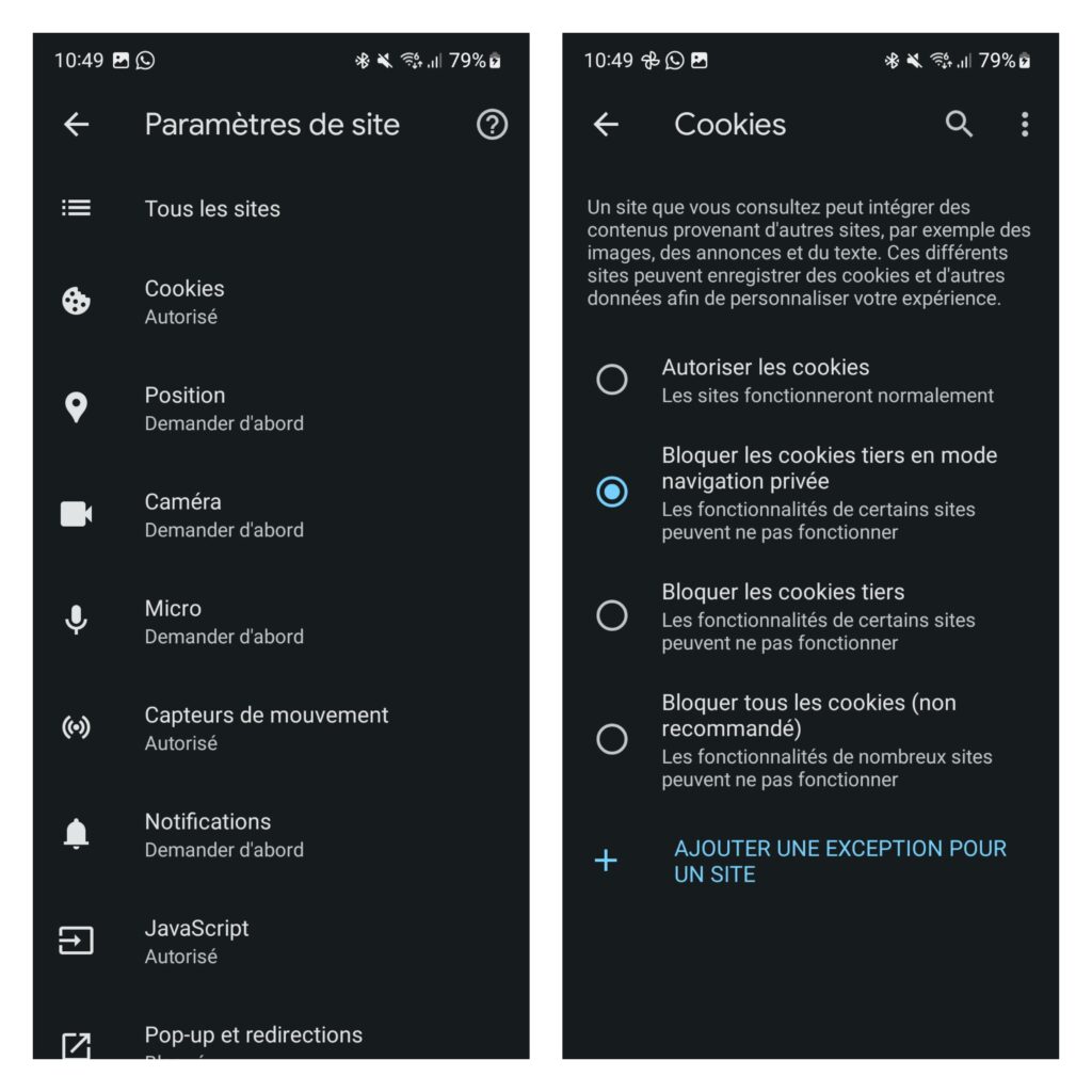 paramètres pour effacer les cookies sur chrome sur android