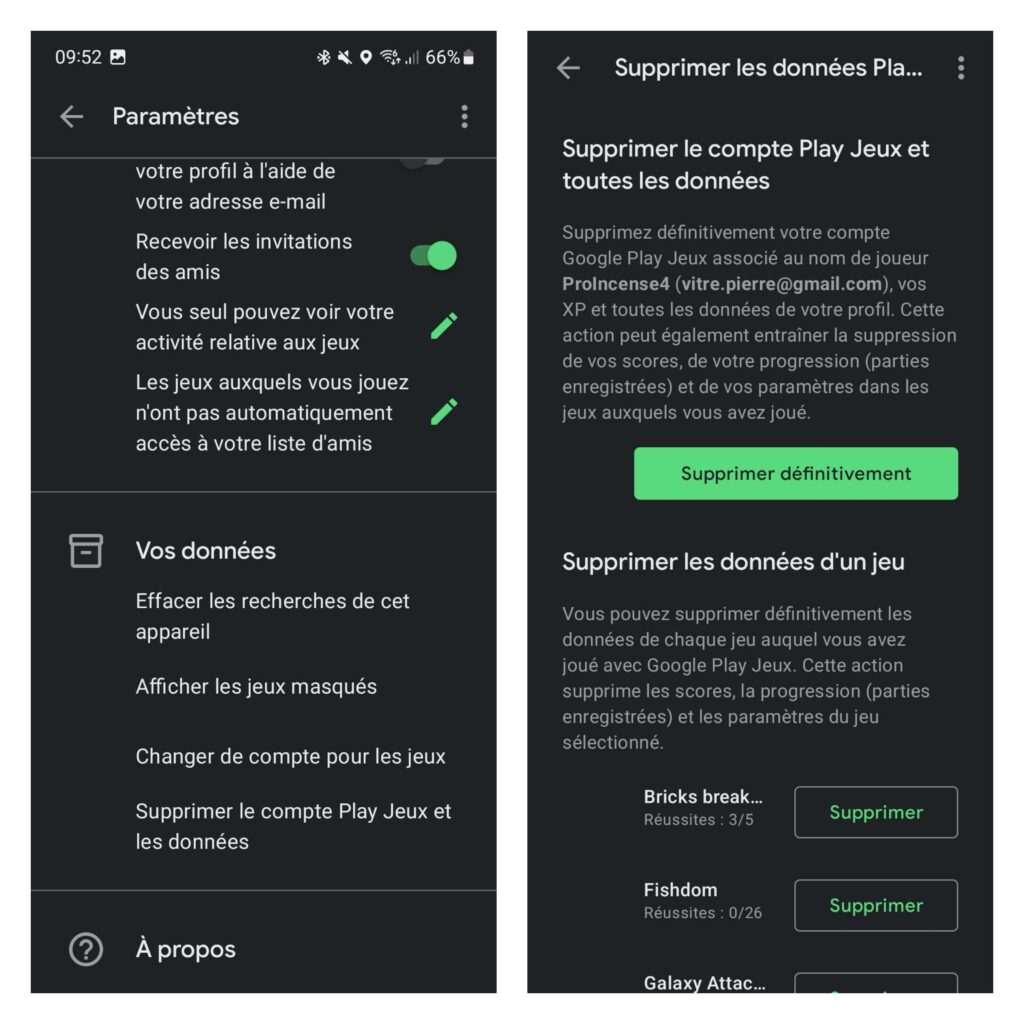 Supprimer les données de Play Jeux