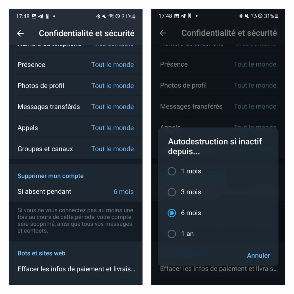 Planifier l'aut-destruction de votre compte Telegram sur Android