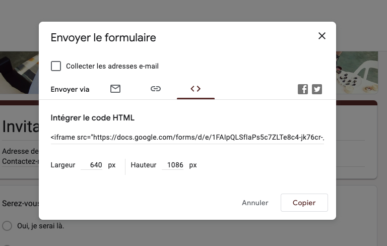 La deuxième étape consiste à obtenir le code d'intégration pour votre formulaire Google Forms.