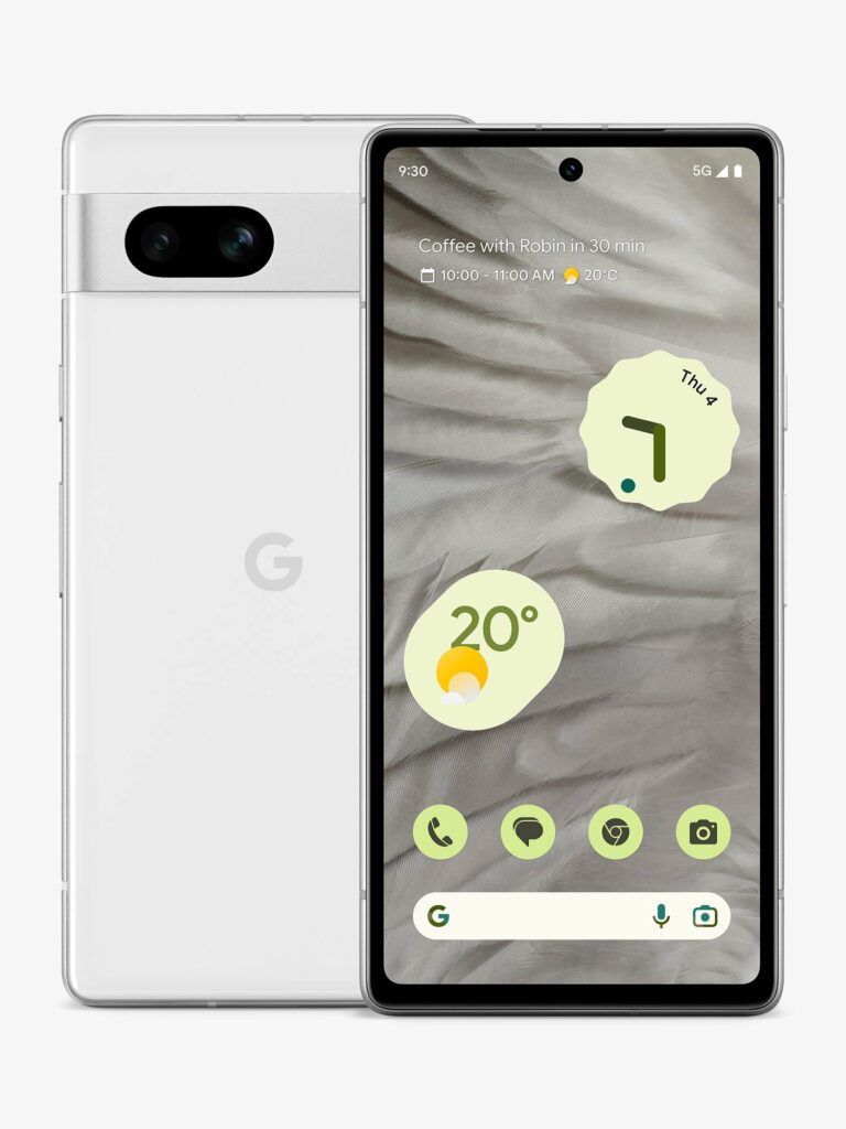 Google Pixel 7a en blanc, mettant en évidence sa finesse et son design épuré