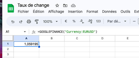 Taux de change dans Google sheets