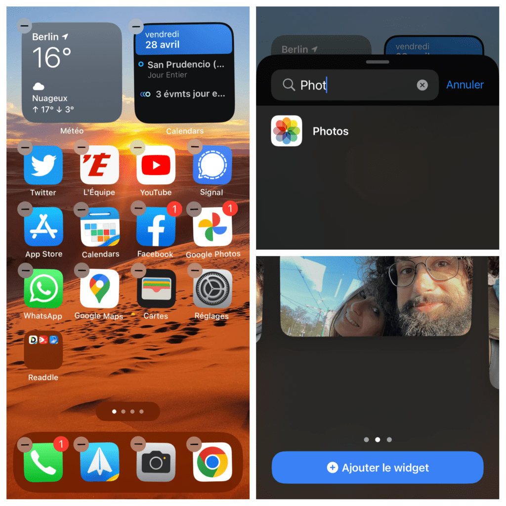 Capture d'écran d'un smartphone montrant le processus de création d'un widget pour la galerie photo. L'image montre les étapes à suivre pour sélectionner la photo et la placer dans le widget sur l'écran d'accueil.