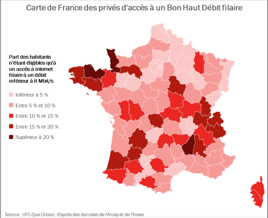 carte de France des habitants disposant d'un débit inférieur à 8 Mbits/s