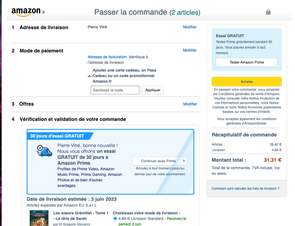 Page de confirmation de commande d'Amazon montrant les détails du produit, le prix, l'adresse de livraison et la méthode de paiement