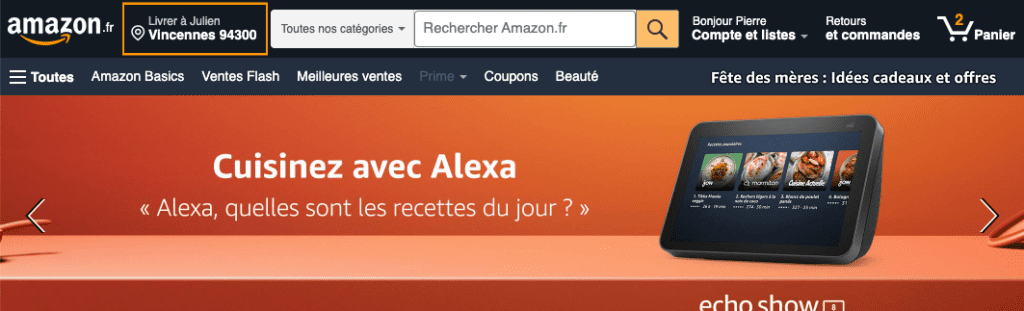 Page d'accueil d'Amazon avec la barre de recherche en évidence.