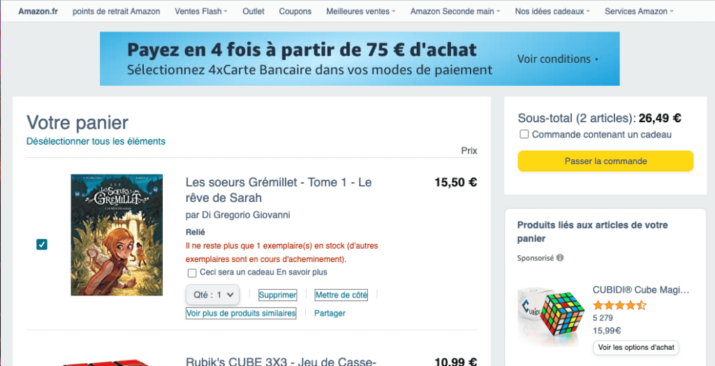 Capture d'écran d'un produit dans le panier d'achat d'Amazon