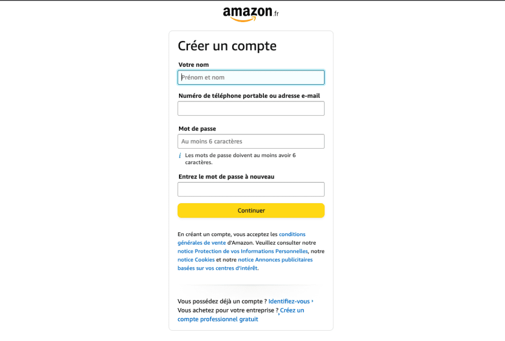 Formulaire d'inscription d'Amazon demandant le nom, l'adresse e-mail et le mot de passe