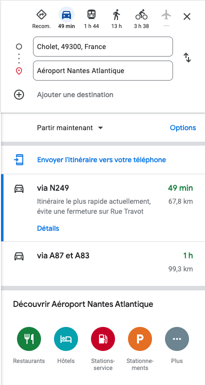 Capture d'écran illustrant l'entrée de l'adresse de départ et d'arrivée dans Google Maps pour la création d'un itinéraire
