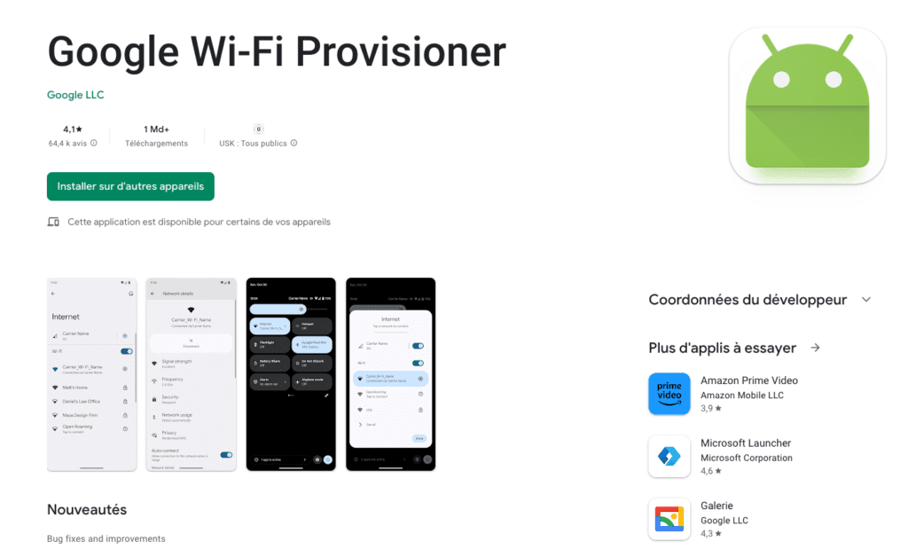 capture d'écran du Play Store montrant l'application Google Wi-Fi Provisioner