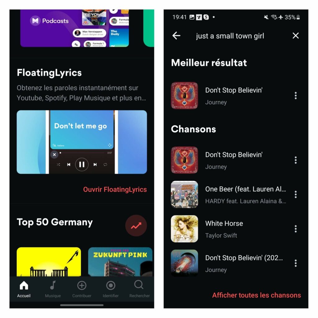 Capture d'écran de l'application Musixmatch montrant sa fonctionnalité de recherche de chansons par paroles