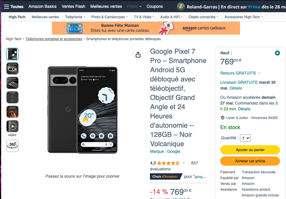 capture d'écran d'une page produit pour montrer comment acheter sur amazon