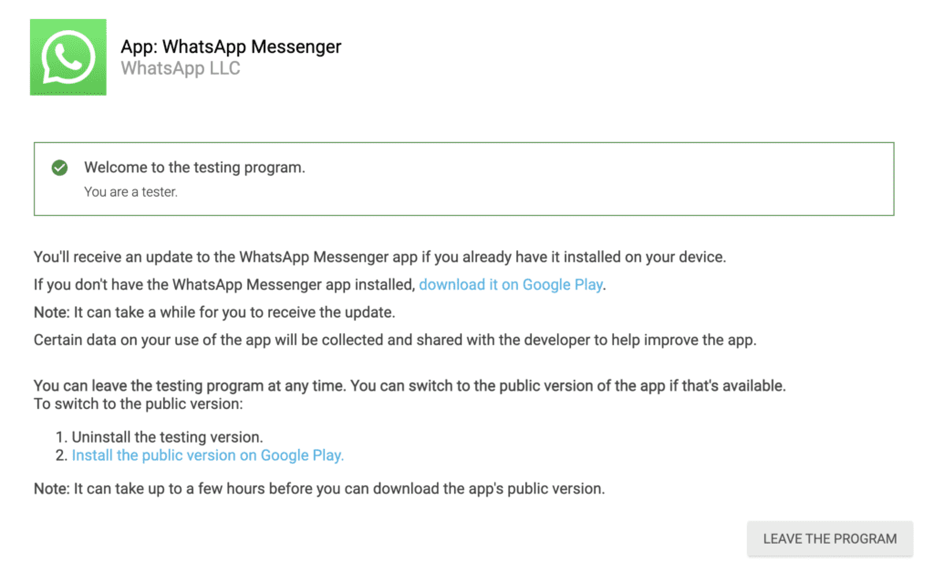 Capture d'écran de la page de l'application WhatsApp sur le Google Play Store, avec l'option 'Devenir testeur' en évidence.