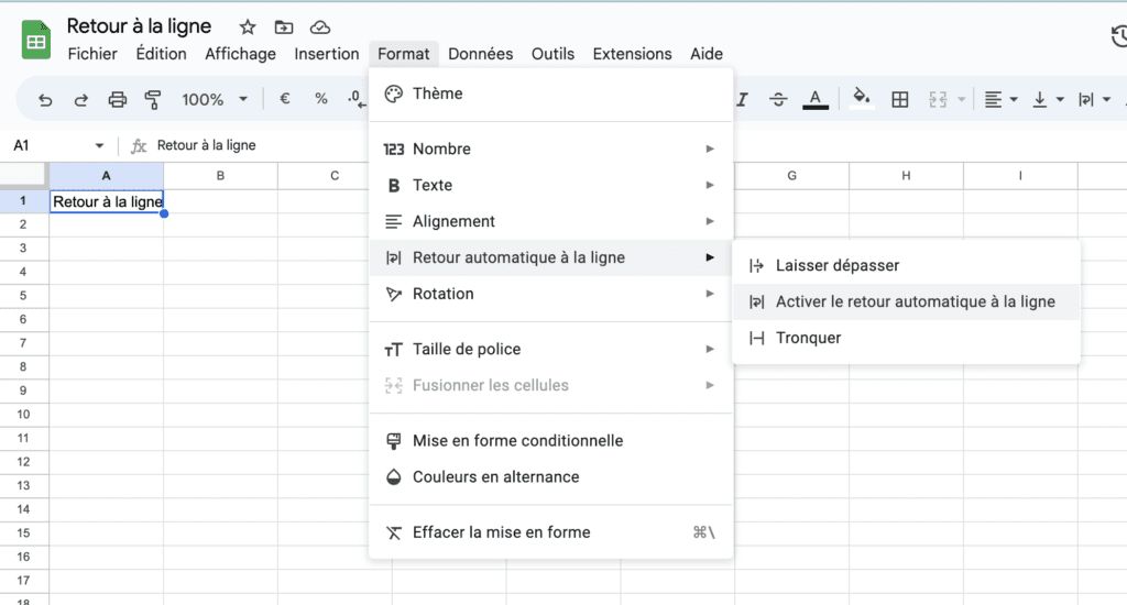 capture d'écran montrant le retour automatique à la ligne sur Google Sheets