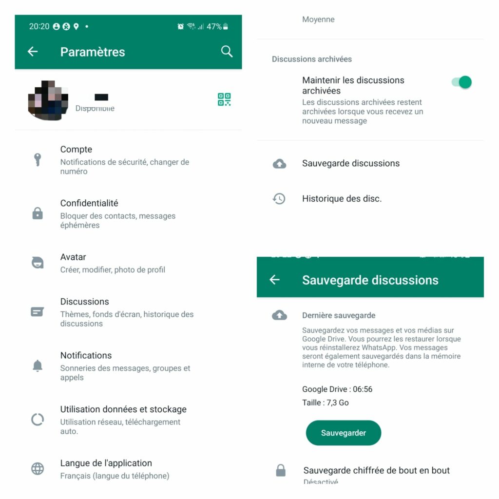 Capture d’écran de whatsapp montrant comment sauvegarder ses conversations sur google drive