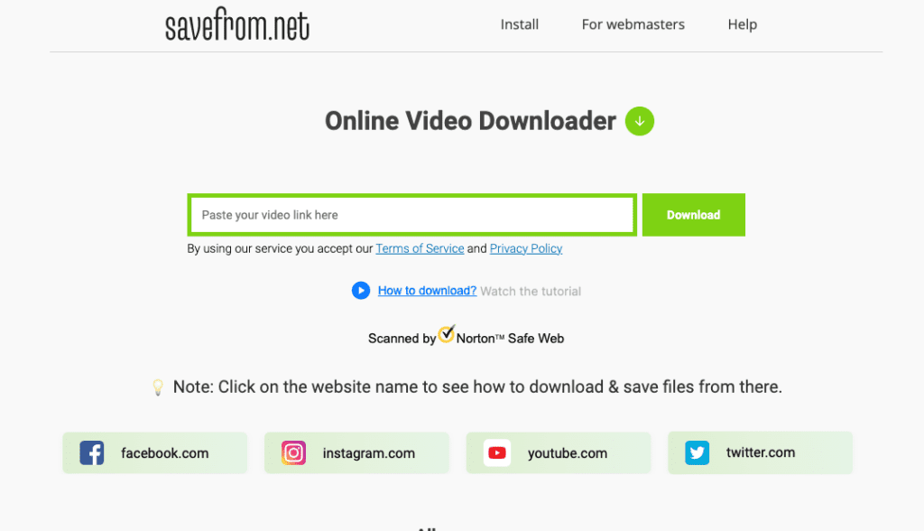 Capture d'écran du site web SaveFrom.net montrant l'interface utilisateur pour télécharger une vidéo YouTube sans logiciel en collant l'URL de la vidéo dans la boîte de téléchargement et en sélectionnant le format de fichier de sortie.