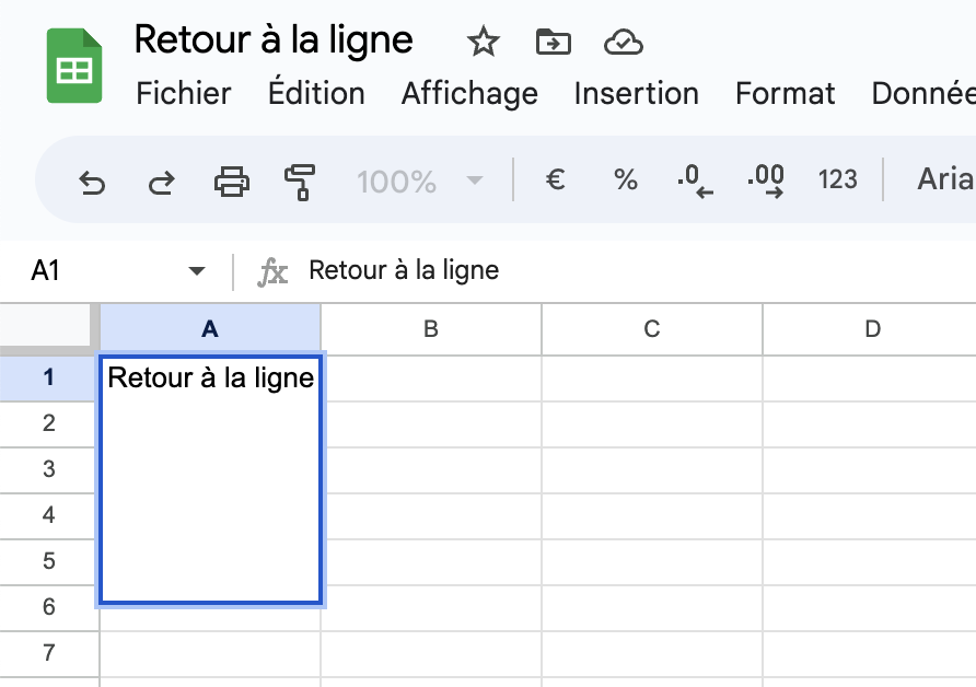 capture d'écran montrant comment faire un retour à la ligne sur Google Sheets