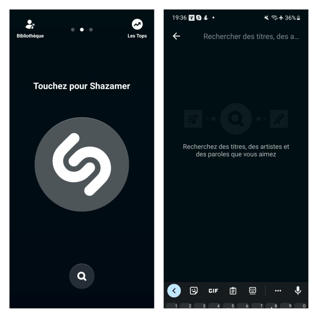 Capture d'écran de l'application Shazam montrant sa fonction de reconnaissance de chansons à partir de quelques paroles