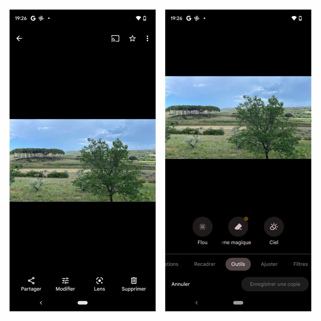 capture d’écran de google photos montrant comment sélectionner et modifier la photo pour utiliser la fonctionnalité gomme magique sur Google pixel