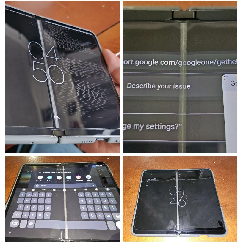 Photo montrant différents google Pixel Fold souffrant de problèmes d'écran