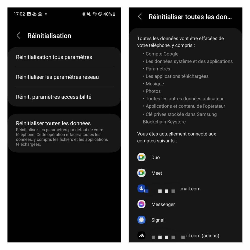 captures d'écran montrant comment faire un wipe data sur Android