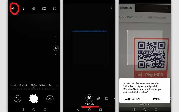 captures d'écran montrant comment scanner un QR code sur Huawei