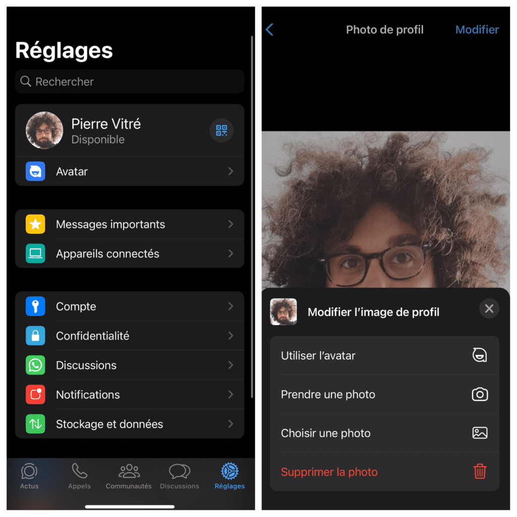 capture d'écran iOS montrant comment changer sa photo de profil sur WhatsApp