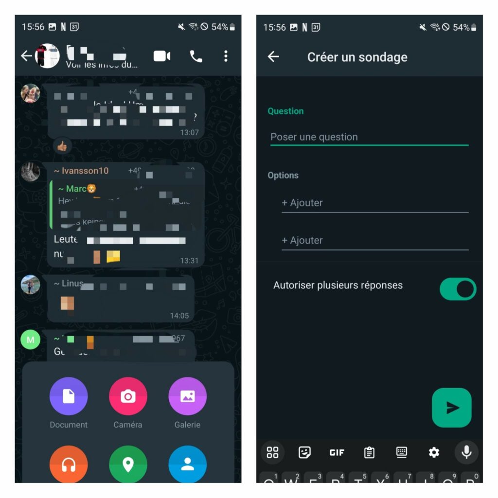 capture d'écran montrant comment faire un sondage sur WhatsApp sur Android