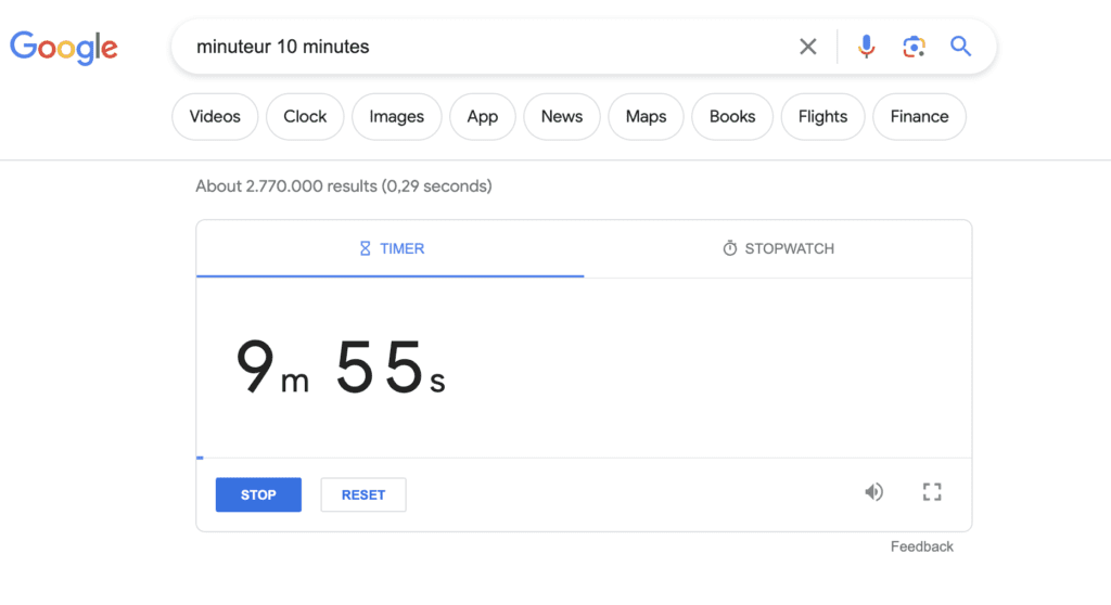 capture d'écran montrant comment régler un minuteur en quelques secondes sur la page d'accueil de Google