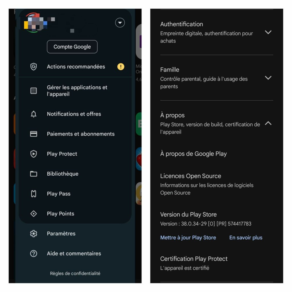 capture d'écran des paramètres du google play store pour vérifier si une mise à jour (update) est possible