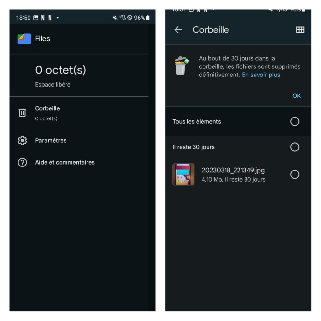 capture d'écran montrant comment 'vider la corbeille' sur Android avec Files by Google