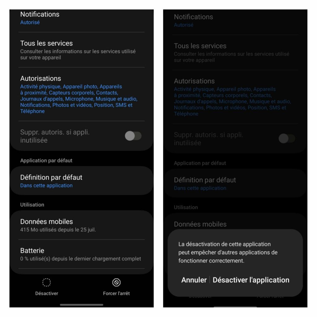 capture d'écran pour désactiver les Services Google Play