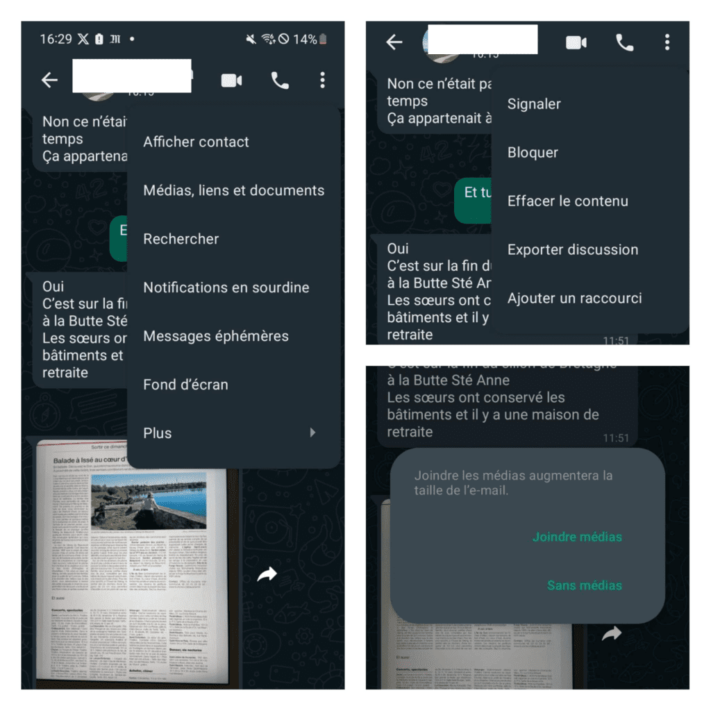 capture écran de whatsapp montrant comment exporter vos messages WhatsApp sur PC depuis un Android