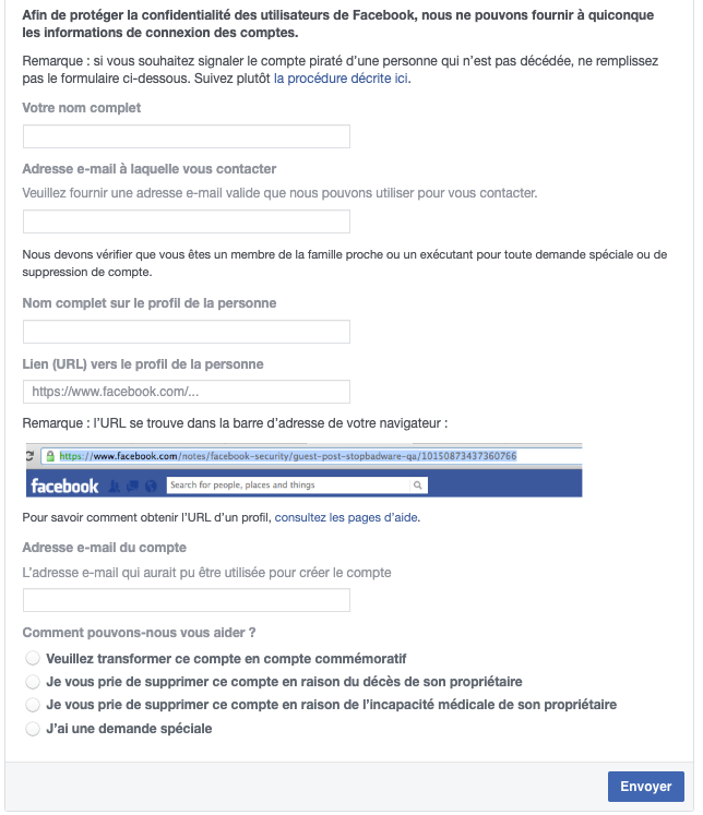 formulaire pour supprimer un compte Facebook définitivement sans mot de passe