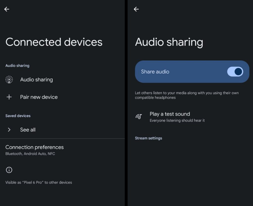 capture d'écran d'Android 15 où vous pourrez écouter de la musique sur plusieurs écouteurs en même temps